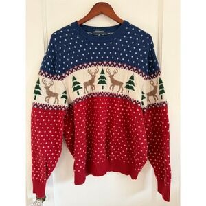 Crown & Ivy Sweater Mens XL Reindeer Fair Isle Lambswool Blend Holiday Red Blue